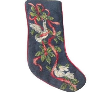 Vtg Handmade Needlepoint Christmas Stocking White Dove Birds Poinsettia Wool 16"